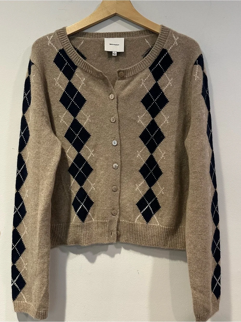 Reformation Women’s Clara Cashmere Cardigan with beige and Navy Diamonds - Picture 6 of 10